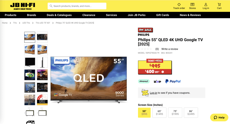 JB Hi-Fi: Philips 55″ QLED 4K UHD Google TV [2025] – was $1595, now $995